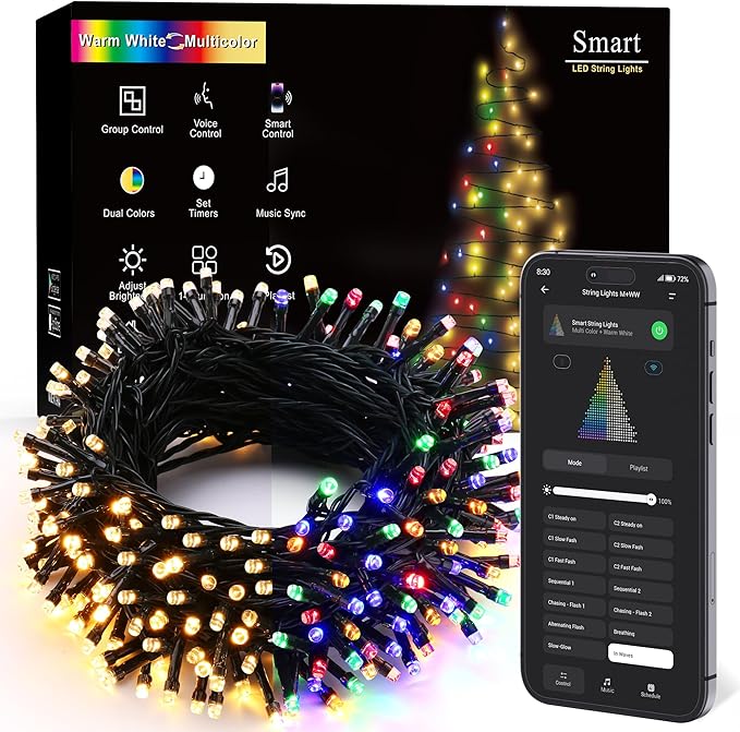 BrizLabs Color Changing Smart Christmas Lights, 98ft 300 LED Warm White & Multicolor Christmas Lighting with APP/Voice Control, Music Sync Xmas Tree Lights Dimmable String Lighting for Xmas Party Tree