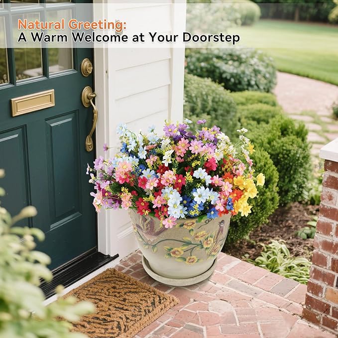 28 Bundles UV Resistant Outdoor Silk Artificial Flowers,7 Colors, Faux Daisy Flowers Hanging Fake Plants for Porch Patio Garden Window Yard Farmhouse Summer Autumn Decoration.