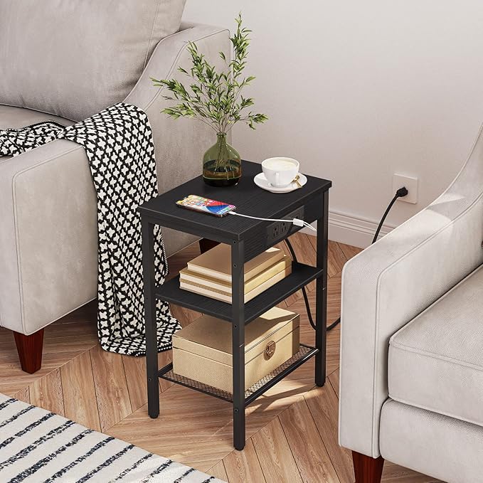 HOOBRO End Table Set of 2 with Charging Station and USB Port, 3-Tier Nightstands with Adjustable Shelf, Small Side Tables for Small Space in Living Room, Bedroom and Balcony, Black BB112BZP201
