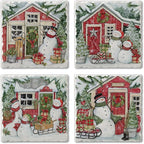 Thirstystone Snowman's Farmhouse 4 Pack Assorted Tumbled Tile Stone Coasters with Protective Cork Backing 4" Square Manufactured in The USA