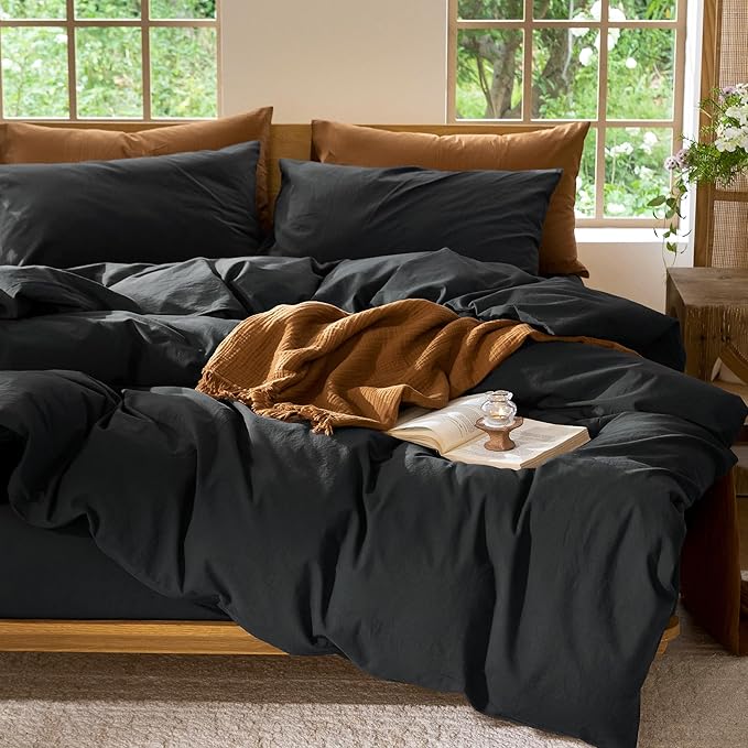 MooMee Bedding Duvet Cover Set 100% Washed Cotton Linen Like Textured Breathable Durable Soft Comfy (Solid Black, King 104"x90")