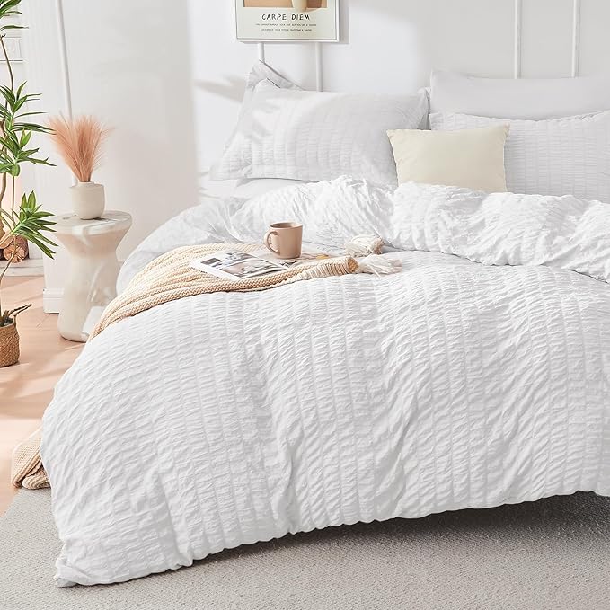 HYMOKEGE White Twin Comforter Set Seersucker 5 Pieces, All Season Luxury Bed in a Bag for Bedroom, Bedding Set with Comforters, Sheets, Pillowcase & Sham