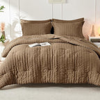 HYMOKEGE Brown Queen Comforter Set Seersucker 7 Pieces, All Season Luxury Bed in a Bag Queen for Bedroom, Bedding Set with Comforter, Sheets, Pillowcases & Shams