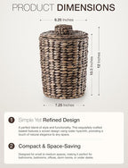 2 Gallons Wicker Waste Basket - Water Hyacinth Bathroom Trash Can - Garbage Can with Lid Boho Style - Wicker Trash Can with Lid for Bedroom, Kitchen - Removable Liner, Handwoven (Black Color)
