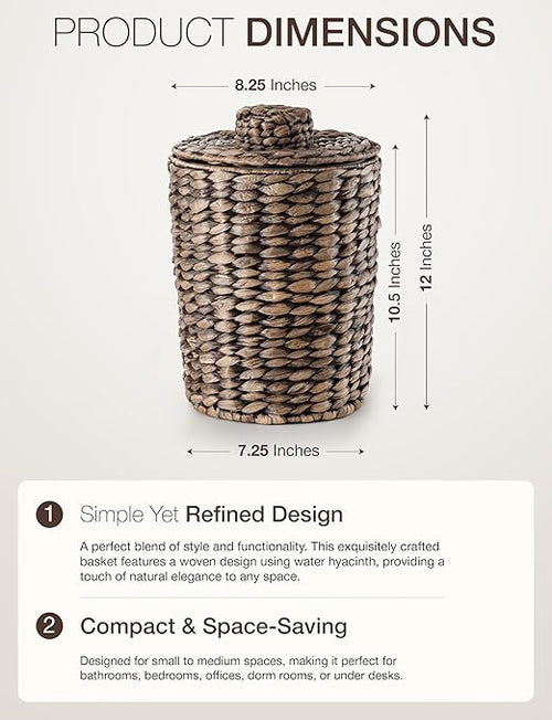2 Gallons Wicker Waste Basket - Water Hyacinth Bathroom Trash Can - Garbage Can with Lid Boho Style - Wicker Trash Can with Lid for Bedroom, Kitchen - Removable Liner, Handwoven (Black Color)