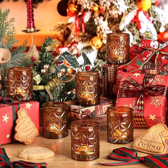 24Pcs Vintage Amber Votive Candle Holders, Amber Glass Tea Lights Candle Holder for Wedding Table Centerpiece,Vintage Boho Party Home Fall Decor,Thanksgiving and Christmas