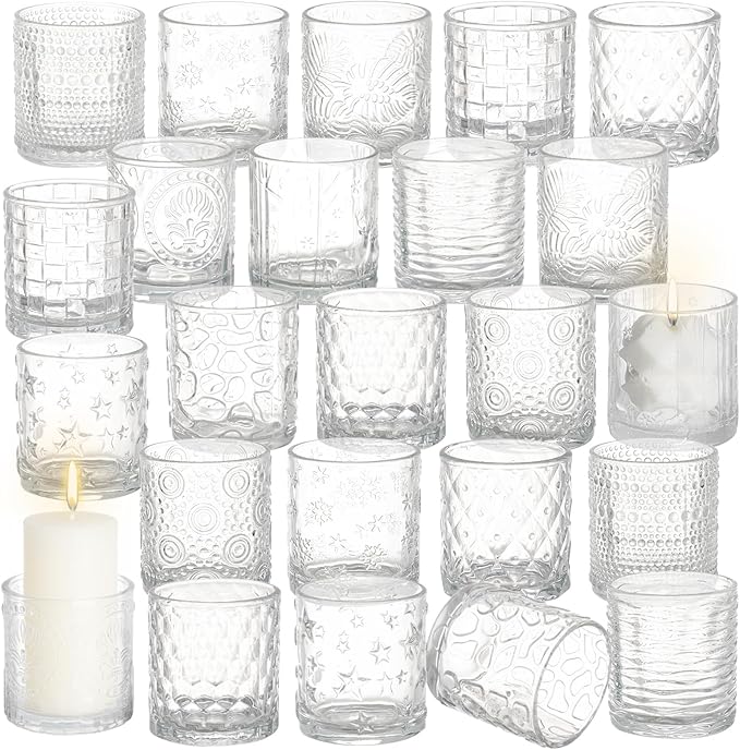 24pcs Assorted Votive Candle Holders - Clear Glass Tea Lights Candle Holder in Bulk, Tealight Candle Holder for Table Centerpiece Wedding Decor Home Decoration