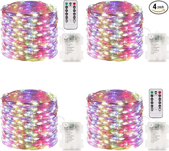 4 Pack 100 LED Fairy Lights Battery Operated with Remote, 33FT Waterproof Twinkle Lights with Timer & 8 Modes, Fairy String Light Outdoor Indoor for Bedroom Classroom DIY Christmas Decor (Multicolor)