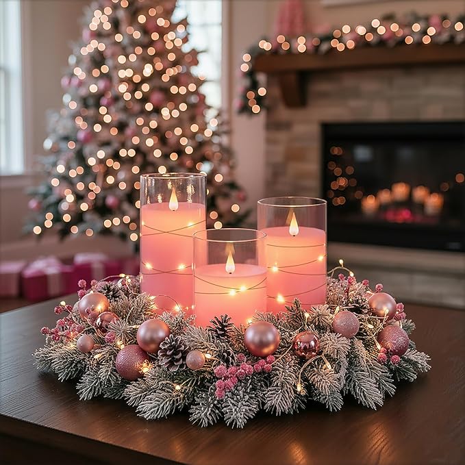 Homemory Flickering Flameless Candles with String Lights, Battery Operated Candles, Embedded String Lights LED Candles, Unbreakable Plexiglass Candle with Remote, Set of 3, Pink