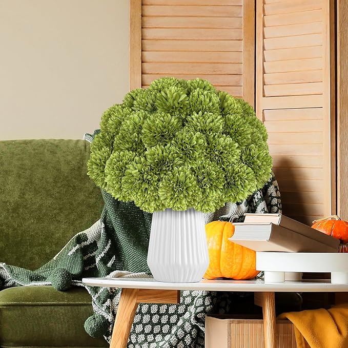 36 Pcs Artificial Chrysanthemums Flowers Green Ball Flower Silk Fake Mums Flowers for Home Decor Outdoor Wedding Floral Arrangement St Patricks Day Table Centerpiece