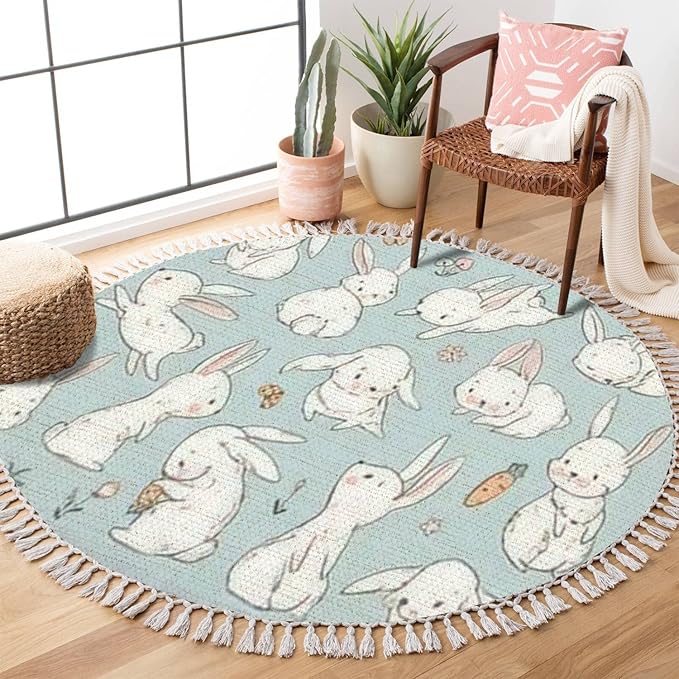 Round Rugs Cute Bunny Carrot Collection Hand Drawn Boho Area Rug Linen and Cotton Carpet Meditation Rug Washable Hallway Runner Mat Accent Rug for Bedroom Bathroom 4ft