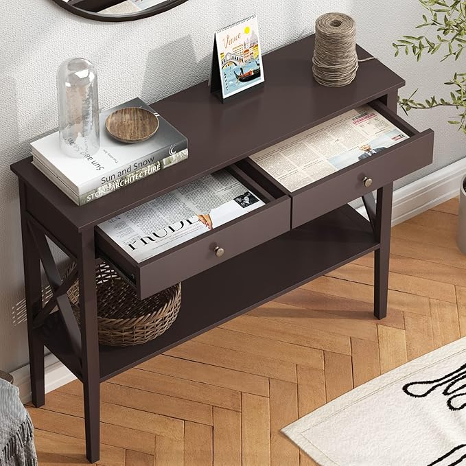 ChooChoo Console Table with Drawers, Narrow Wood Accent Sofa Table Entryway Table with Storage Shelf for Entryway, Front Hall, Hallway, Living Room, Espresso