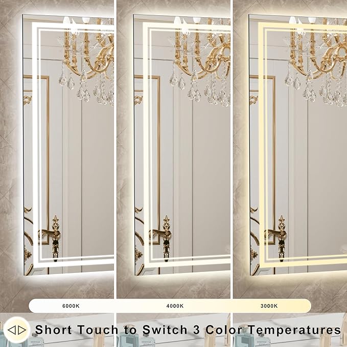 40‘’x30'' Lighted Mirrors for Bathroom Wall Backlit + Front Lit, Rectangular LED Bathroom Mirror Frameless with Lights Anti Fog, Dimmable, 3 Colors,Tempered Glass, Shatter-Proof