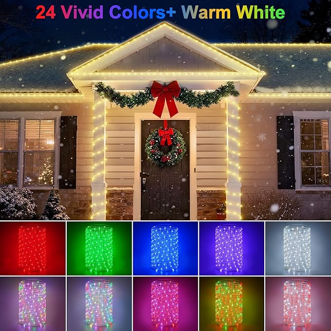 50ft 150LED Rope Lights Outdoor String Lights, 24 Colors+Warm White Outdoor LED Lights Plug in, RGB Color Changing Rope Light with Remote Rope Lighting for Camping Garden Patio Party Christmas