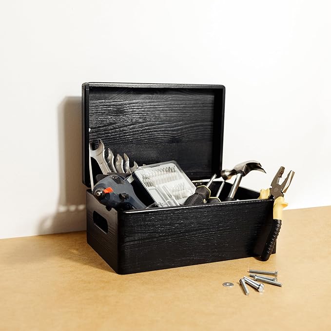 Large Black Wooden Box Storage with Hinged Lid | 11.8 x 7.87 x 5.51 inches (+-0.5) | with Handles | Gift Box for Tool Dog Shoes Clothes Kitchen Storage | Wood Keepsake Chest