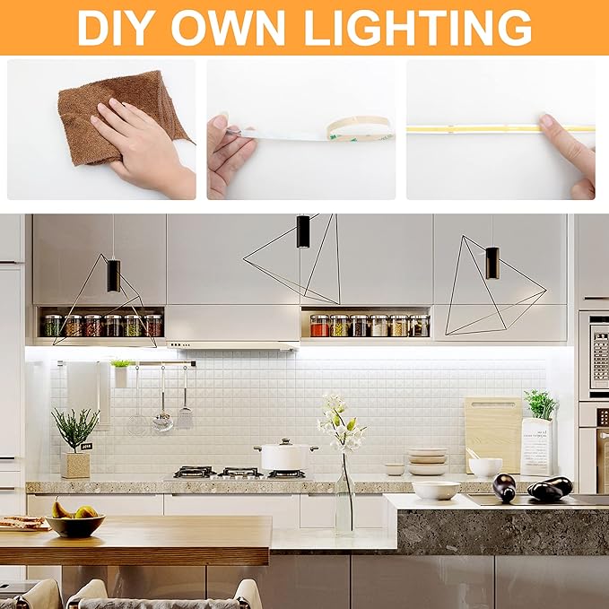 32.8ft White COB LED Strip Light, High Bright LED Strips with 320LEDs, RF Remote and UL Power Supply, 6000K Dimmable LED Lights for Bedroom, Kitchen, DIY Home Decoration, 2 Rolls of 16.4ft