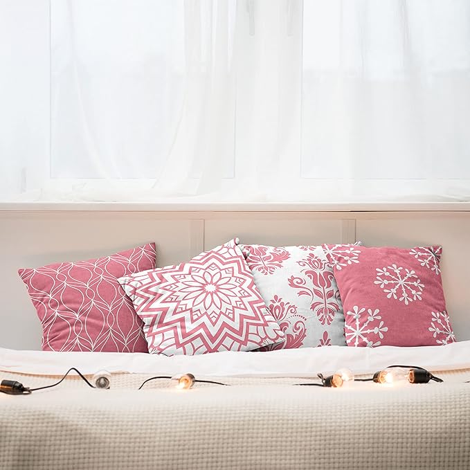 Ambesonne Retro Throw Pillow Cushion Case Pack of 4, Trellis Grid Medieval Floral Damask Mandala Flower Ornament in Modern Monochrome, Modern Accent Double-Sided Digital Printing, 24", Pastel Pink