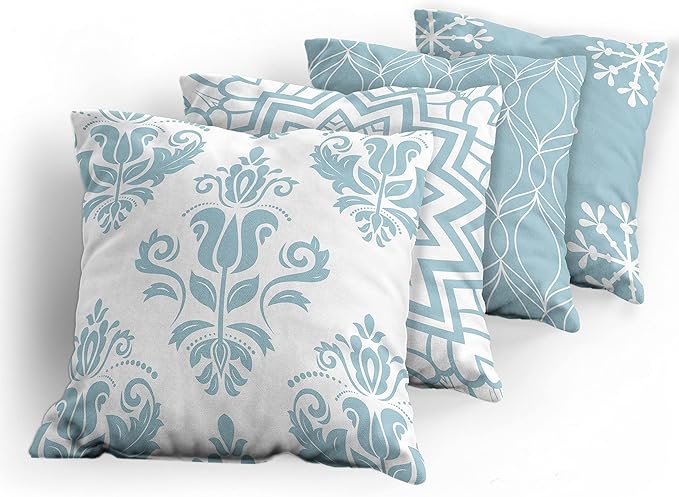 Ambesonne Retro Throw Pillow Cushion Case Pack of 4, Trellis Grid Medieval Floral Damask Mandala Flower Ornament in Modern Monochrome, Modern Accent Double-Sided Digital Printing, 20", Pale Blue Grey