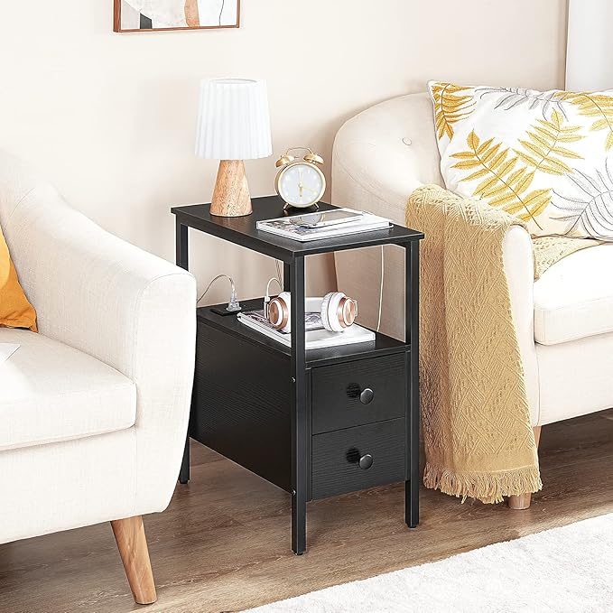 HOOBRO End Table with Charging Station, Narrow Side Table with 2 Drawer & USB Port & Power Outlets, Nightstand for Small Spaces, Stable and Sturdy, for Living Room, Bedroom, Black BK541BZ01