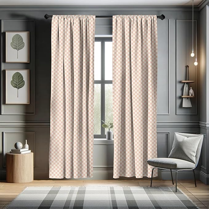 Ambesonne Geometric Curtains, Pale Salmon Colored Chess Table Like Modern Pink Color Squares Art Print, Window Treatments 2 Panel Set for Living Room Bedroom, Pair of - 28" x 63", Peach Cream