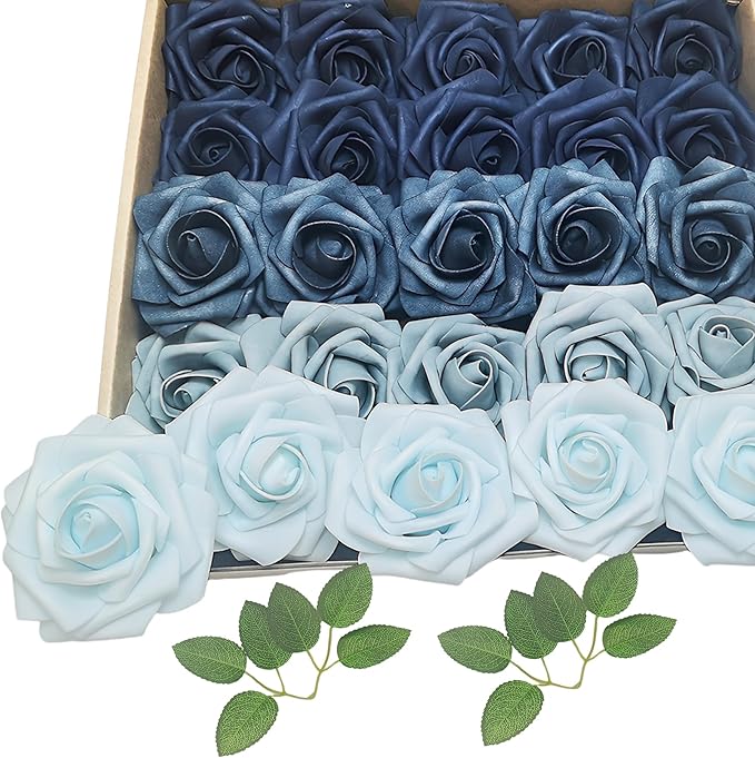 Artificial Fake Flowers 25pcs Roses, Shade of Blue Foam Rose Faux Flower for DIY Wedding Bouquets Bridal Shower Centerpieces Floral Arrangements Party Tables Home Decorations