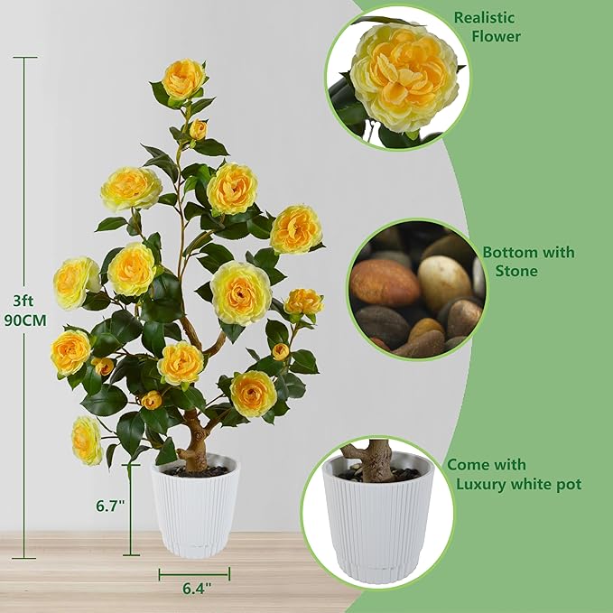 Artificial Camellia Tree 3ft, Fake Plant in White Pot, Faux Camellia Silk Flower Potted Tree for Indoor Outdoor Home Livingroom Office Decor (Yellow)