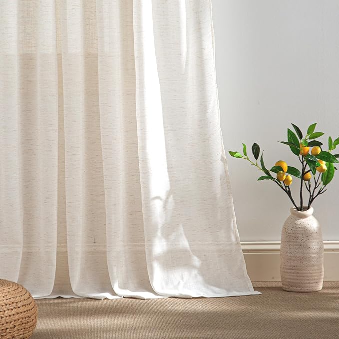 RYB HOME Linen Sheer Curtains Extra Long Window Drapes Light & Airy Translucent Panels for Bedroom Living Room, Office, Nursery, Rod Pocket Back Tab, Ivory, W 52 x L 102 inch, Set of 2