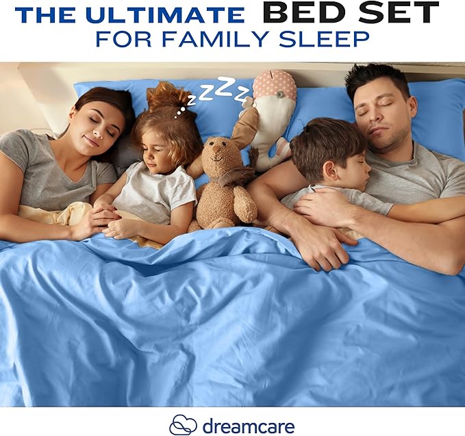 DREAMCARE Full Size Sheets – 4 pc – up to 21” Deep Full Sheet Set – Hotel Luxury Sheets & Pillowcases – Superior Softness 100% Fine Microfiber with Side Pocket – Light Blue
