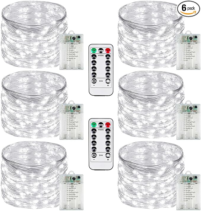 6 Pack Fairy Lights Battery Operated with Remote Control Timer, 26 FT 80 LED String Lights Outdoor Indoor, 8 Modes Twinkle Lights for Christmas Party Wedding Birthday Bedroom Décor (Cool White)