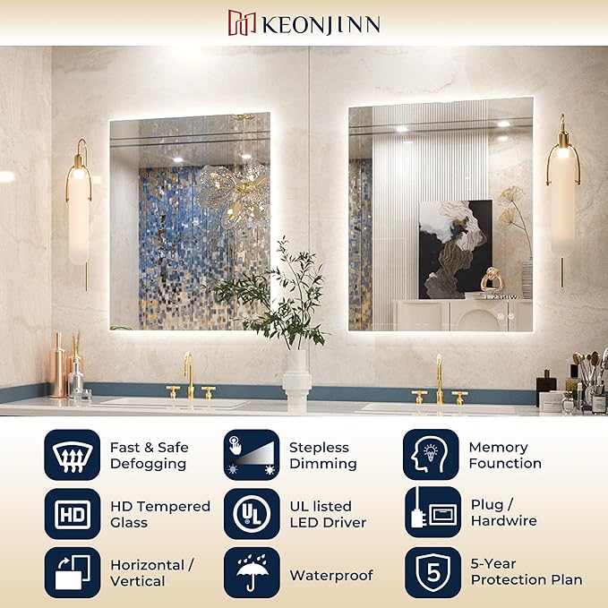 Keonjinn 42 x 36 Inch Backlit Bathroom Mirror, Anti-Fog LED Mirror with Lights, CRI90+ HD Tempered Glass, Stepless Dimmable, High Lumen, UL Listed LED Driver, Waterproof, Horizontal/Vertical