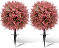 2 Pack 23” Artificial Topiary Bushes for Outdoors Fall Decorations with 7.8” Spike, Red Boxwood Ball Fake Shrubs UV Resistant Faux Plants for Indoor Outdoor Garden Entryway Front Porch Decor