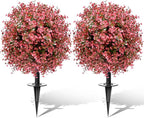 2 Pack 23” Artificial Topiary Bushes for Outdoors Fall Decorations with 7.8” Spike, Red Boxwood Ball Fake Shrubs UV Resistant Faux Plants for Indoor Outdoor Garden Entryway Front Porch Decor