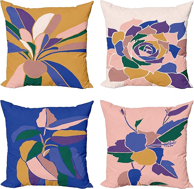 Ambesonne Floral Throw Pillow Cushion Case Pack of 4, Abstract Flowers and Petals with Exotic Vibes Colorful Modern Style, Modern Accent Double-Sided Digital Printing, 18", Rose Dark Violet Mustard