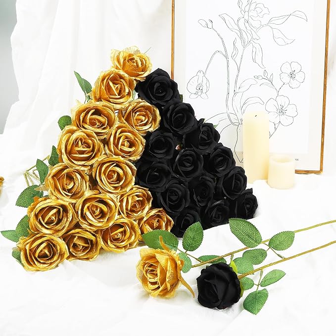 72 Pcs Artificial Roses Gold, Black Fake Silk Roses Realistic Roses Faux Flower Indoor Wedding Home Decor, Birthday Decorations