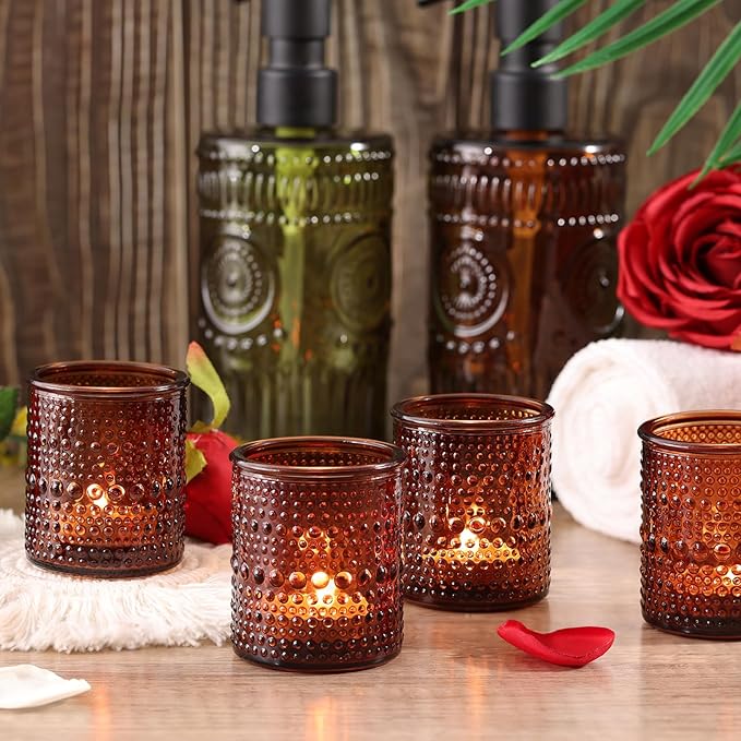 40Pcs Glass Votive Candle Holders, Amber Tea Light Candle Holders Vintage Fall Tealight Candle Holder Bulk for Autumn, Thanksgiving Table Centerpieces, Christmas Decor (Amber)