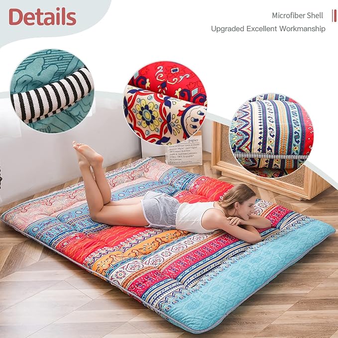 MAXYOYO Bohemian Retro Floor Mattress Vintage Floral Japanese Futon Mattress Roll Up Tatami Floor Mat Foldable Bed Portable Camping Mattress Sleeping Pad Floor Lounger Couch Bed Twin Size