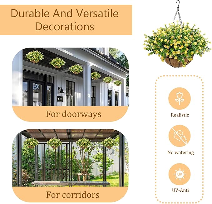Artificial Hanging Flowers Basket for Outdoor, 16 Fake Flowers Look Real UV Resistant, Faux Hanging Plants for Porch, Balcony, Patio, Garden, Spring Summer Decor,Yellow