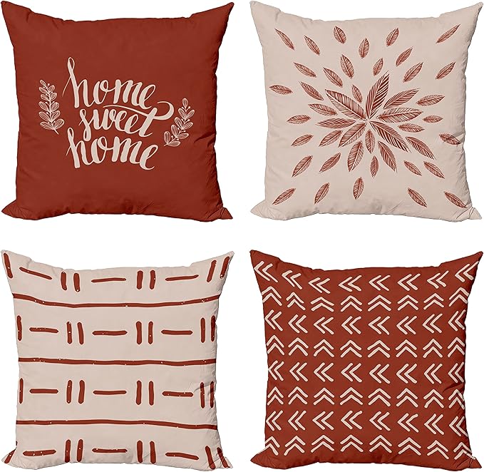 Ambesonne Modern Throw Pillow Cushion Case Pack of 4, Scandinavian Minimal Ornaments Boho Feather Leaves and Home Phrase Print, Modern Accent Double-Sided Digital Printing, 20", Pale Tan and Dark Rust
