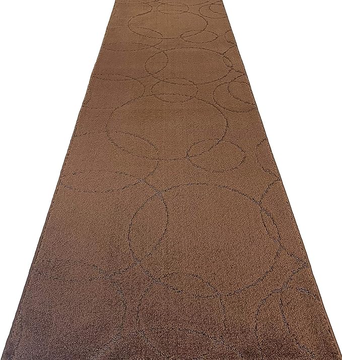 Custom Size Modern Geometric Pattern Carpet Runner Rug for Hallways, Slip Resistant Latex Rubber Backed, 31 inch Wide X Customized Length, Circles Brown, 31 inch X 23 feet