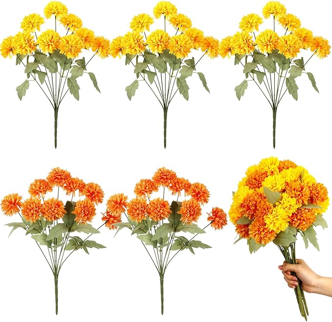 6 Bundles 16.5" Artificial Marigold Flowers 54 Heads Orange & Yellow Dried Silk Fake Marigold Ball Heads Bouquet Realistic Autumn Plants for Day of the Dead Dia De Los Muertos Fall Decoration