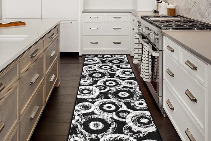 Custom Length Cut to Size Modern Farmhouse Carpet Runner Rug for Hallways, Non Slip Rubber Backed, 31 inch Wide X Customized Length, Geo Black, 31 inch X 11 feet