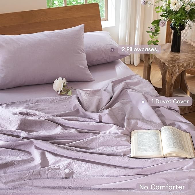 MooMee Bedding Duvet Cover Set 100% Washed Cotton Linen Like Textured Breathable Durable Soft Comfy (Heathered Light Purple, Full 80"x90")