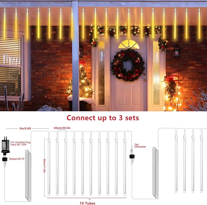 Joomer Christmas Lights Outdoor, 11.8 inch 10 Tubes 240 LED Meteor Shower Lights, LED Snow Falling Icicle Cascading Light with Timer Waterproof and Connectable for Christmas Decoration (Warm White)