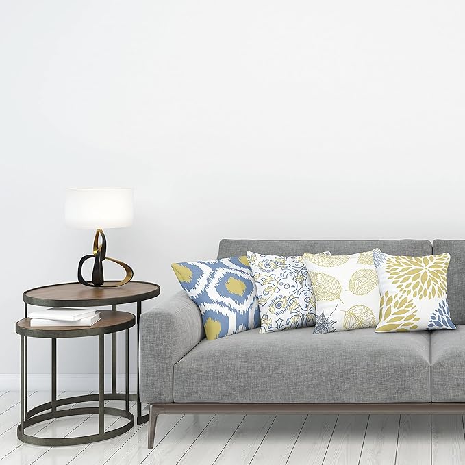 Ambesonne Vintage Throw Pillow Cushion Case Pack of 4, Bohemian Ornamental Leaves Dahlia Pattern Geometric Art Curlicue Motif, Modern Accent Double-Sided Digital Printing, 24", Mustard Dark Ceil Blue