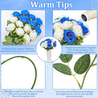 32 Pcs Blue, White Artificial Flowers Roses Fake, Silk Flowers with Stems for DIY Wedding Gothic Bridal Shower Centerpieces Arrangements Tables Decorations
