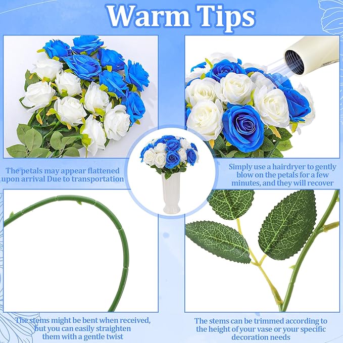 32 Pcs Blue, White Artificial Flowers Roses Fake, Silk Flowers with Stems for DIY Wedding Gothic Bridal Shower Centerpieces Arrangements Tables Decorations
