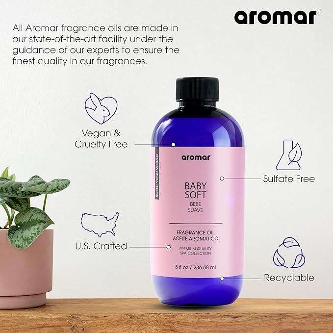 AROMAR Premium Fragrance Oil - Essential Oil for Diffusers & Home Aromatherapy - Baby Soft - 8oz