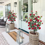 3.6FT Artificial Camellia Fake Tree, Artificial Plants & Flowers with 32 Red Flowers for Door Front Decoration Porch Patio Living Room Office Indoor Outdoor Decor (2PCS Contains Dried Moss)