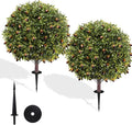 27.5" Artificial Olive Boxwood Topiary Ball Tree, Set of 2 Fake Bushes Shrubs with Ground Spike, UV Resistant Faux Evergreen Boxwood Plants for Outdoor Indoor Planters Front Porch Garden Decor