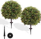27.5" Artificial Olive Boxwood Topiary Ball Tree, Set of 2 Fake Bushes Shrubs with Ground Spike, UV Resistant Faux Evergreen Boxwood Plants for Outdoor Indoor Planters Front Porch Garden Decor